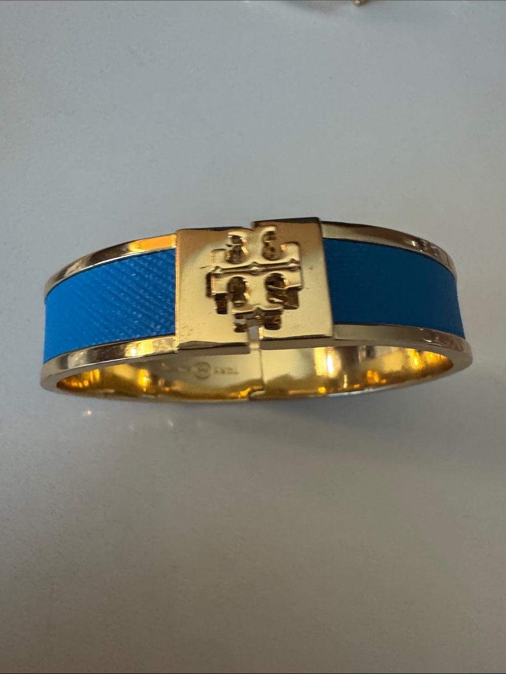 Tory Burch Blue Gold open hinge Bangle bracelet NEW $139